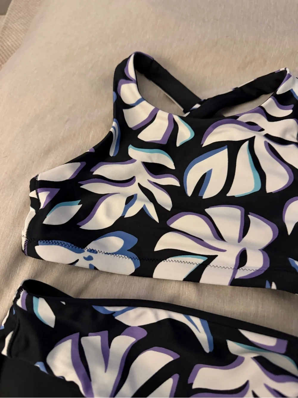 ATHLETA Girls' Black Floral Two-Piece Swim Set - Purple & White Print